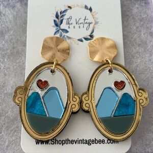 Gold Oval Blue Mountains with a Heart Earrings